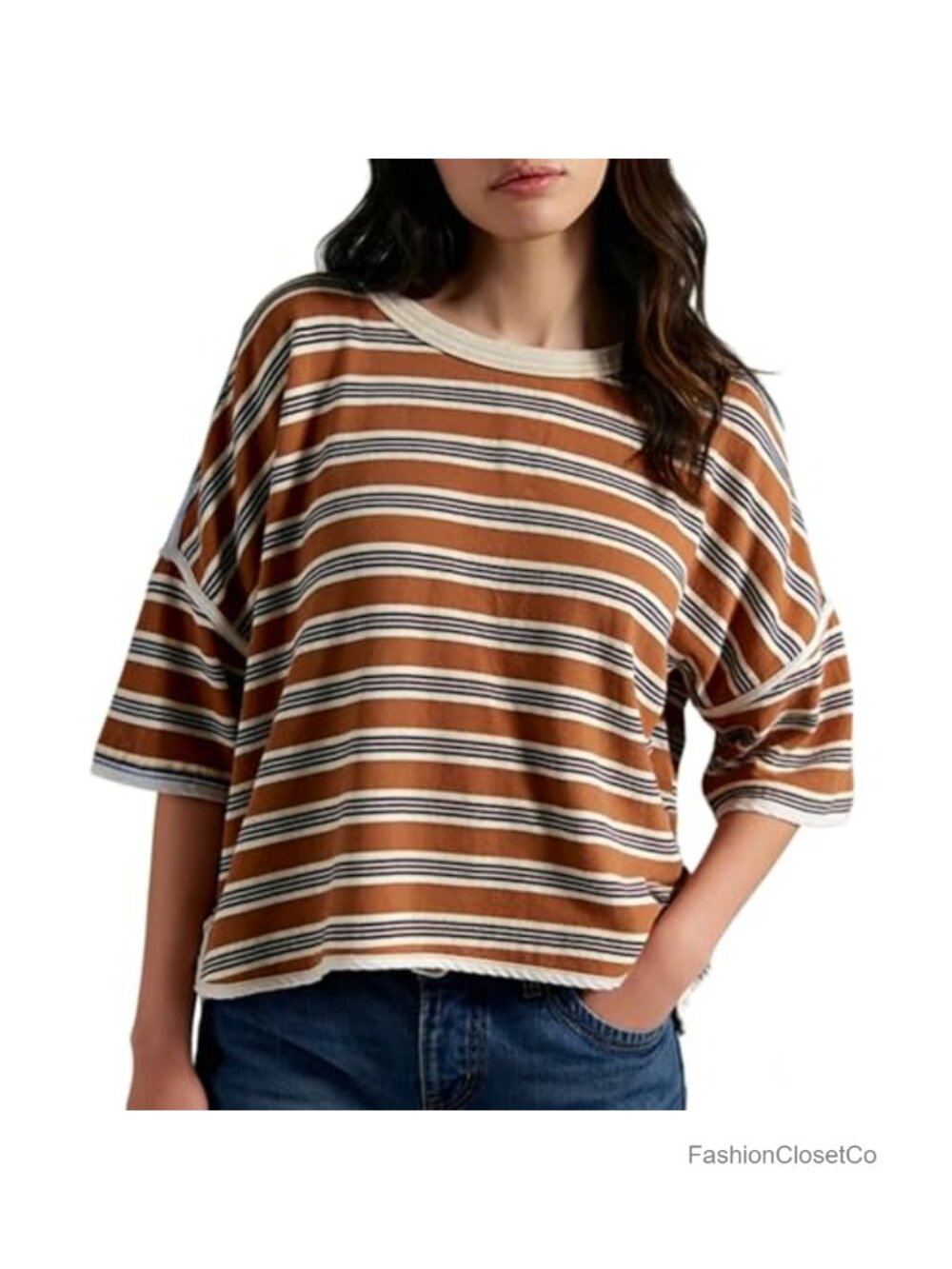 Preppy Oversized Striped Crop Tee Y2K Summer Short Sleeve Casual Boxy